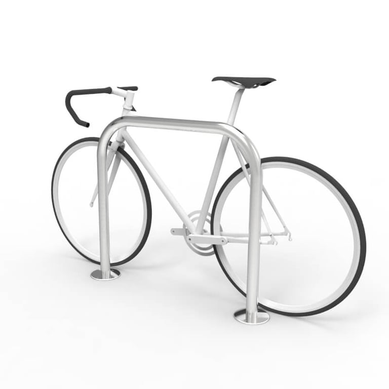 cbr1b-stainless-steel-bike-rail-with-bike-perspective Image of Rail Bicycle Cora SurfaceMount