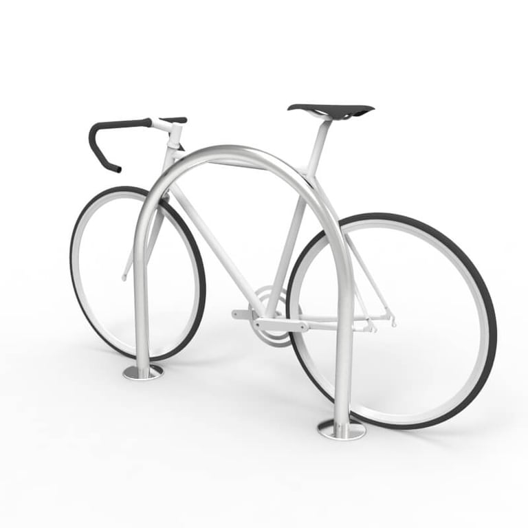 cbr2b-stainless-steel-bike-rail-with-bike-perspective Image of Rail Bicycle Cora Rounded SurfaceMount