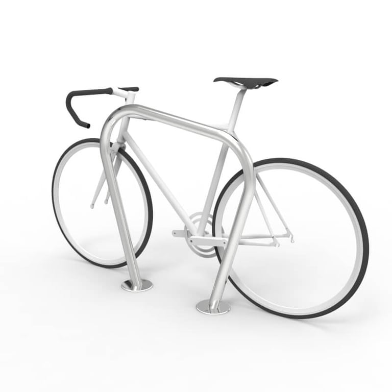 cbr6b-stainless-steel-bike-rail-with-bike-perspective Image of Rail Bicycle Cora Vee SurfaceMount
