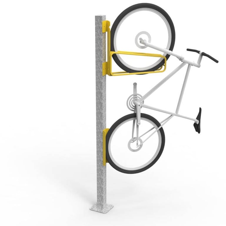e3vr-45r-angled-vertical-bike-rack-with-bike-and-e3vr-p-post-perspective Image of Rack Bicycle Cora PostMounted Vertical Angled