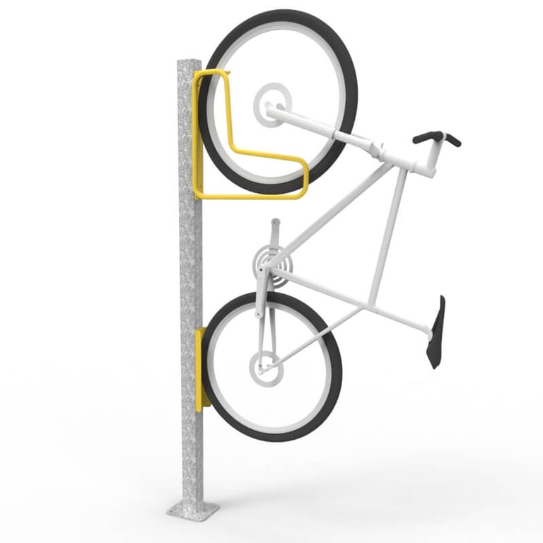 e3vr-f-vertical-bike-rack-with-e3vr-p-mounting-post- bike-perspective Image of Rack Bicycle Cora PostMounted Vertical Fenders