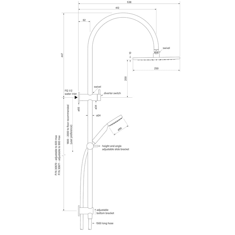 FaucetStrommen PegasiDualShower600900Crv90Rnd250 Dimensions Image of Shower Dual FaucetStrommen Pegasi Curve 600