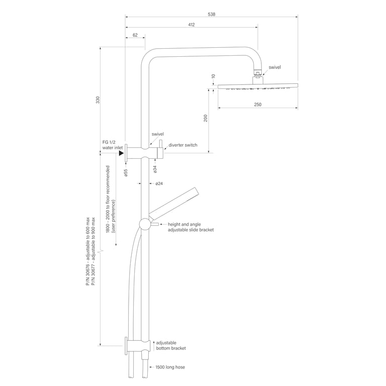 FaucetStrommen PegasiDualShower600900SqaMicro250 Dimensions Image of Shower Dual FaucetStrommen Pegasi Square Micro 600