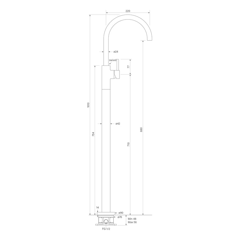 FaucetStrommen PegasiFloorBathMixerCurve Dimensions Image of Mixer Floor FaucetStrommen Pegasi Bath Curve