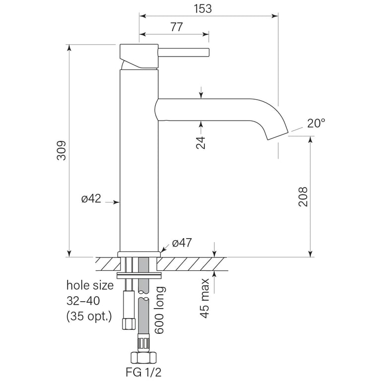 FaucetStrommen PegasiMBasinMixerTall208H Dimensions Image of Mixer Basin FaucetStrommen PegasiM Tall 208H