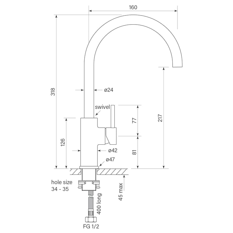 FaucetStrommen PegasiMSinkMixerCurve220 Dimensions Image of Mixer Sink FaucetStrommen PegasiM Curve 220
