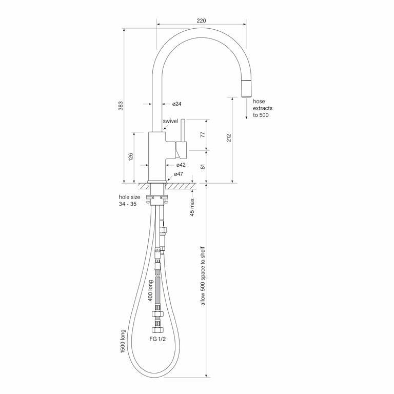 FaucetStrommen PegasiMSinkMixerCurvePullOut Dimensions Image of Mixer Sink FaucetStrommen PegasiM Curve PullOut