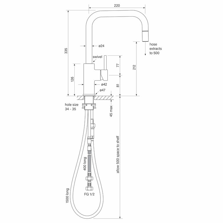 FaucetStrommen PegasiMSinkMixerSquarePullOut Dimensions Image of Mixer Sink FaucetStrommen PegasiM Square
