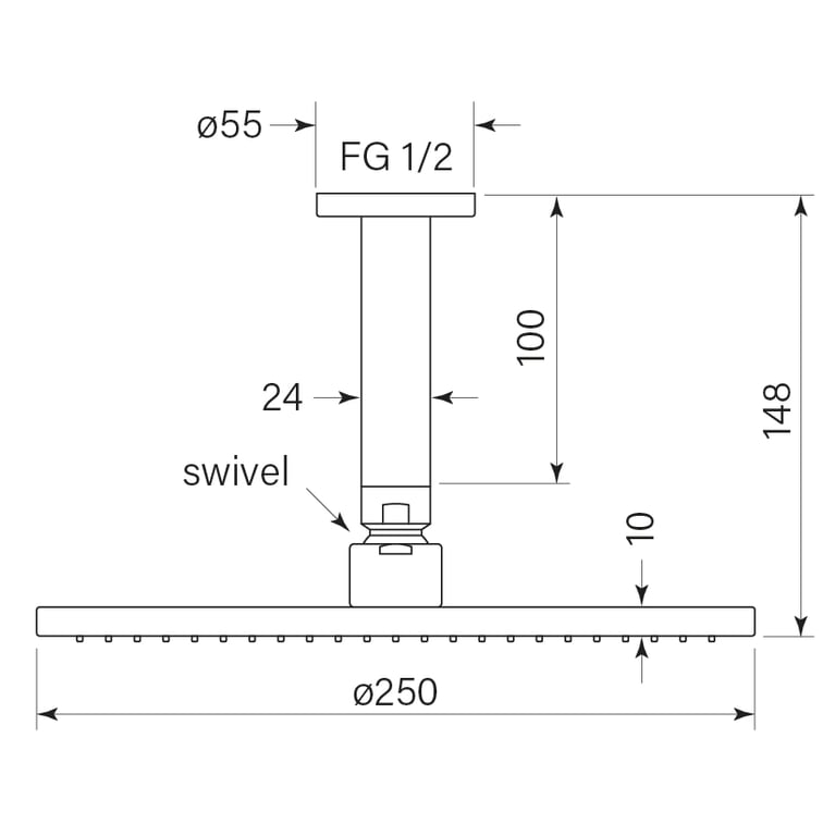 FaucetStrommen PegasiOverheadShower100Cdrop250Head Dimensions Image of Shower Ceiling FaucetStrommen Pegasi Cdrop 100