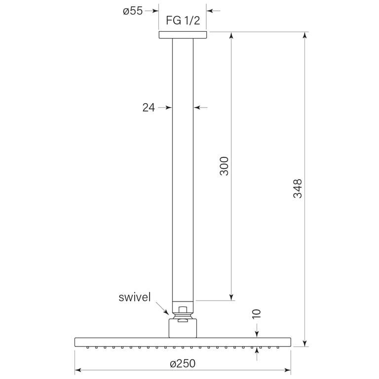 FaucetStrommen PegasiOverheadShower300Cdrop250Head Dimensions Image of Shower Ceiling FaucetStrommen Pegasi Cdrop 300