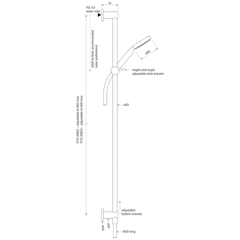 FaucetStrommen PegasiSlideShowerInflow60090090Rnd Dimensions Image of Shower Rail FaucetStrommen Pegasi HandHeld Round 600