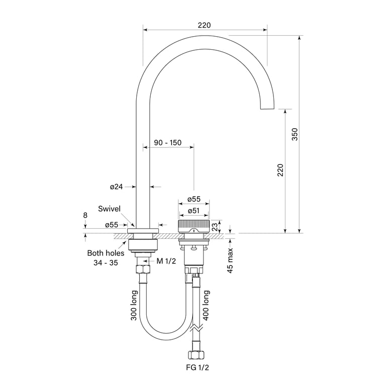 FaucetStrommen ZeroProgresivFlutedSinkMixerCurve Dimensions Image of MixerSet Sink FaucetStrommen ZeroProgresiv Fluted Curve