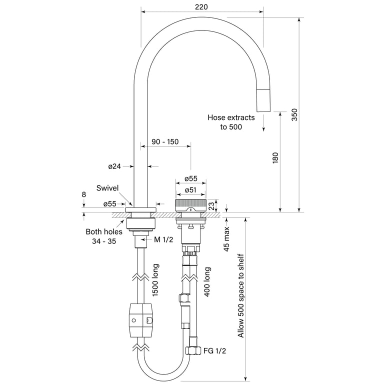 FaucetStrommen ZeroProgresivFlutedSinkMixerW.PullOutCurve Dimensions Image of MixerSet Sink FaucetStrommen ZeroProgresiv Fluted Curve PullOut