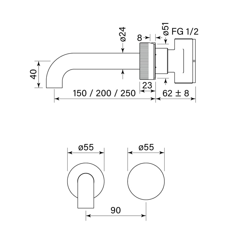 FaucetStrommen ZeroProgresivFlutedWallBasinMixerSet150200250 Dimensions Image of MixerSet Basin FaucetStrommen ZeroProgresiv Fluted 150