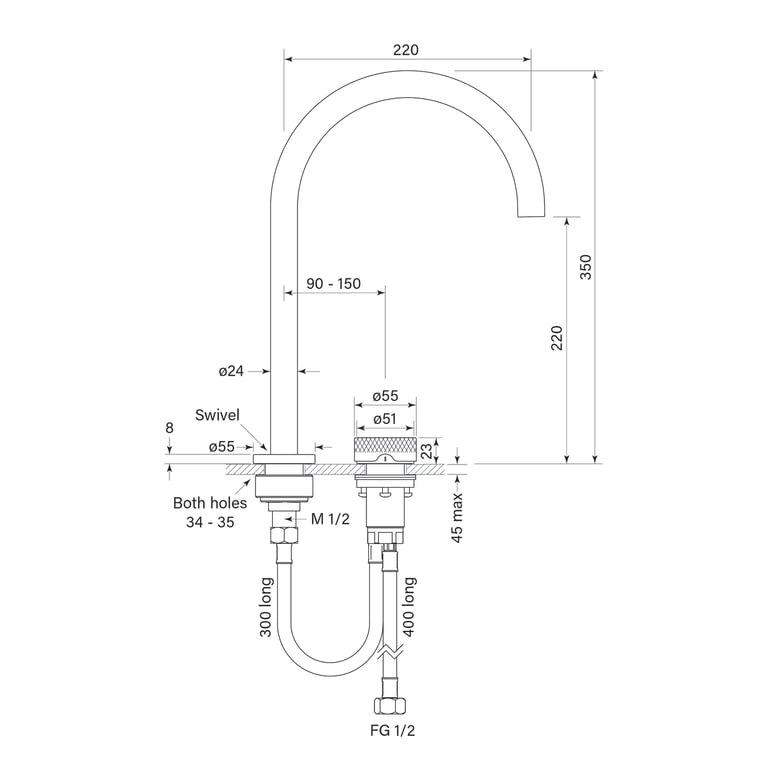 FaucetStrommen ZeroProgresivKnurlSinkMixerCurve Dimensions Image of MixerSet Sink FaucetStrommen ZeroProgresiv Knurl Curve