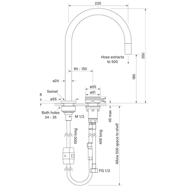 FaucetStrommen ZeroProgresivKnurlSinkMixerW.PullOutCurve Dimensions Image of MixerSet Sink FaucetStrommen ZeroProgresiv Knurl Curve PullOut