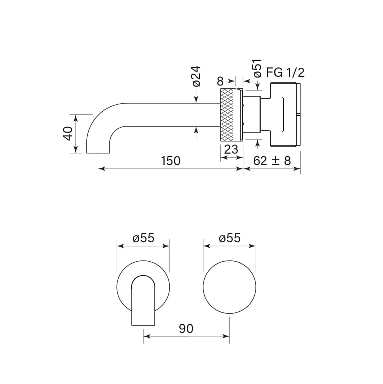 FaucetStrommen ZeroProgresivKnurlWallBasinMixerSet150 Dimensions Image of MixerSet Basin FaucetStrommen ZeroProgresiv Knurl Wall 150