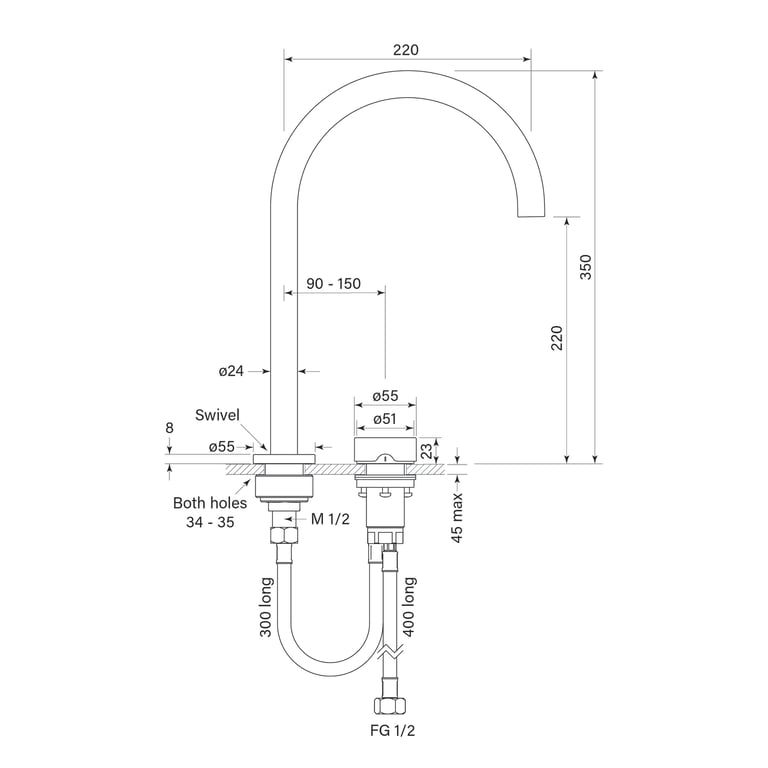FaucetStrommen ZeroProgresivSmoothSinkMixerCurve Dimensions Image of MixerSet Sink FaucetStrommen ZeroProgresiv Smooth Curve