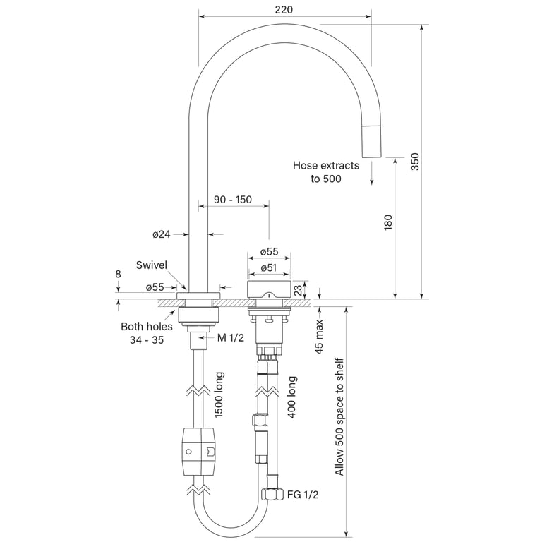 FaucetStrommen ZeroProgresivSmoothSinkMixerW.PullOutCurve Dimensions Image of MixerSet Sink FaucetStrommen ZeroProgresiv Smooth Curve PullOut