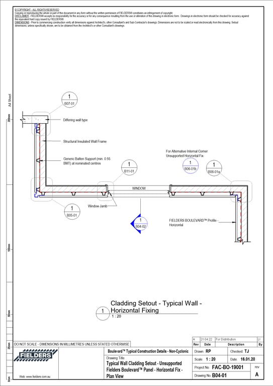 Navigate to B04-01 - Typical Wall Cladding Setout - Unsupported Fielders Boulevard™ Panel - Horizontal Fix - Plan View
