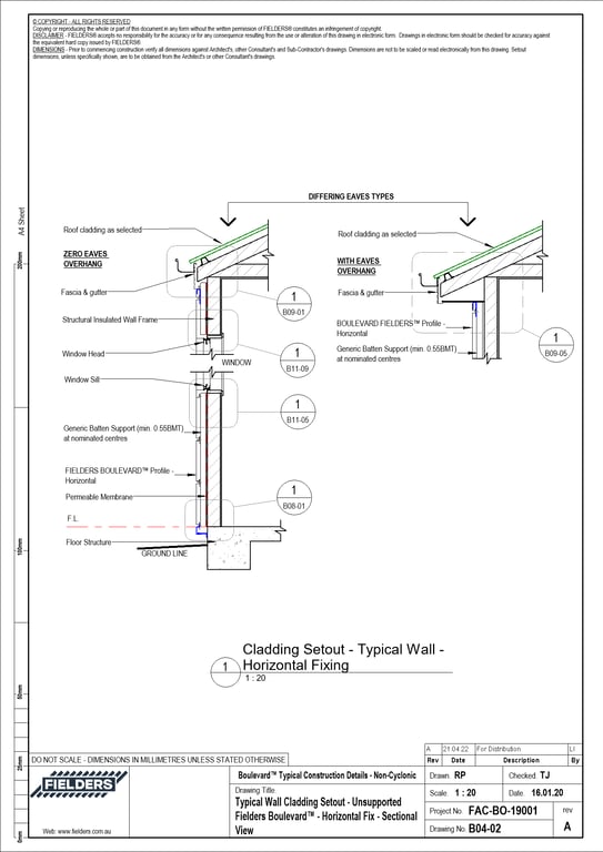 Navigate to B04-02 - Typical Wall Cladding Setout - Unsupported Fielders Boulevard™ - Horizontal Fix - Sectional View