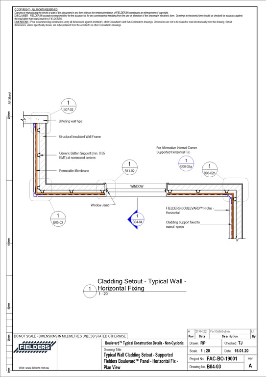 Navigate to B04-03 - Typical Wall Cladding Setout - Supported Fielders Boulevard™ Panel - Horizontal Fix - Plan View