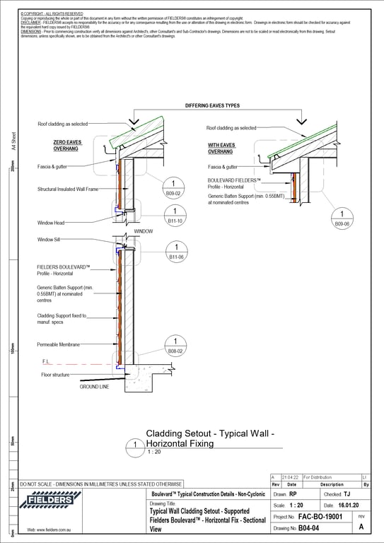 Navigate to B04-04 - Typical Wall Cladding Setout - Supported Fielders Boulevard™ - Horizontal Fix - Sectional View