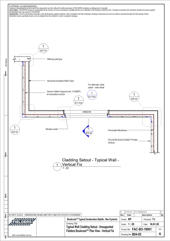  Image of B04-05 - Typical Wall Cladding Setout - Unsupported Fielders Boulevard™ Plan View - Vertical Fix