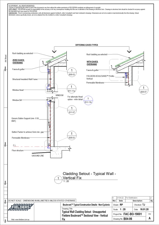 Navigate to B04-06 - Typical Wall Cladding Setout - Unsupported Fielders Boulevard™ Sectional View - Vertical Fix