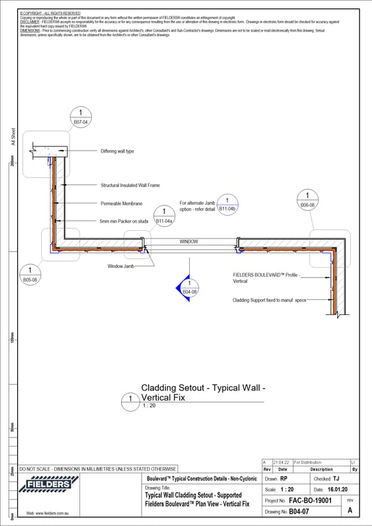 Navigate to B04-07 - Typical Wall Cladding Setout - Supported Fielders Boulevard™ Plan View - Vertical Fix