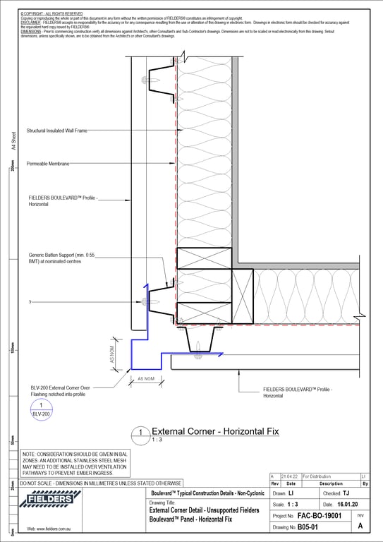 Navigate to B05-01 - External Corner Detail - Unsupported Fielders Boulevard™ Panel - Horizontal Fix