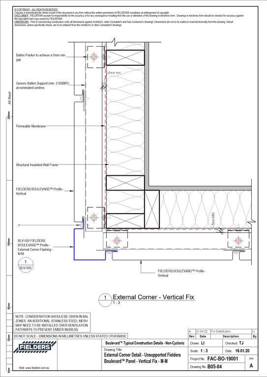 B05-04 - External Corner Detail - Unsupported Fielders Boulevard™ Panel - Vertical Fix - M-M