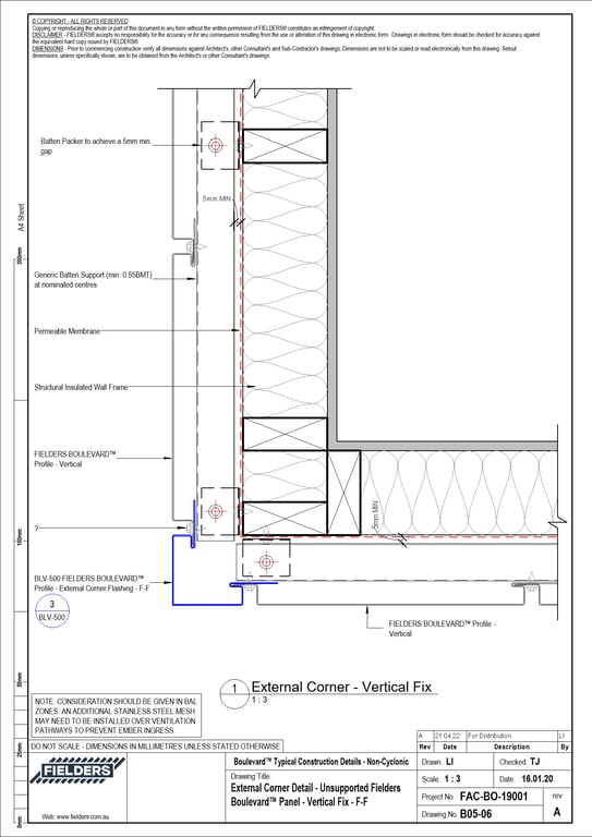 Navigate to B05-06 - External Corner Detail - Unsupported Fielders Boulevard™ Panel - Vertical Fix - F-F