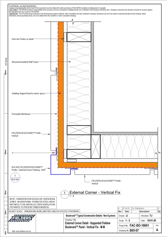 Navigate to B05-07 - External Corner Detail - Supported Fielders Boulevard™ Panel - Vertical Fix - M-M