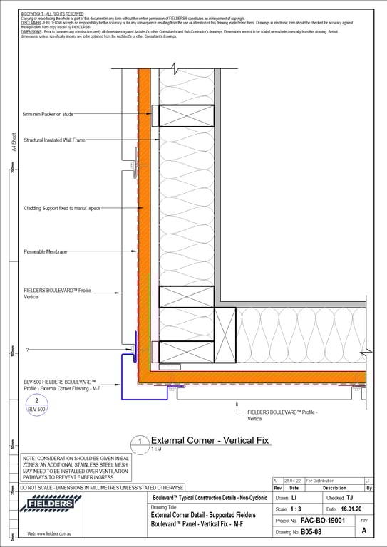 Navigate to B05-08 - External Corner Detail - Supported Fielders Boulevard™ Panel - Vertical Fix -  M-F