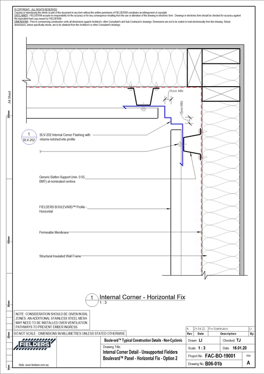 Navigate to B06-01b - Internal Corner Detail - Unsupported Fielders Boulevard™ Panel - Horizontal Fix - Option 2