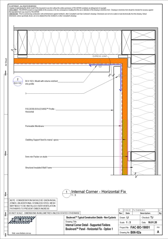Navigate to B06-02a - Internal Corner Detail - Supported Fielders Boulevard™ Panel - Horizontal Fix - Option 1