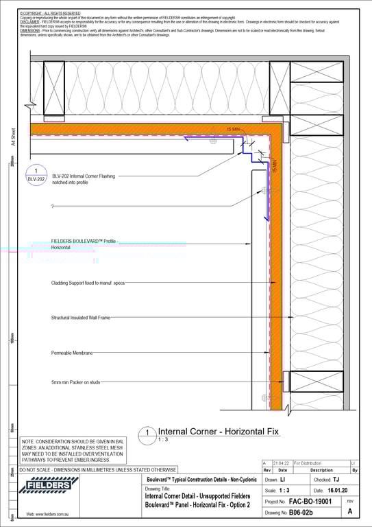Navigate to B06-02b - Internal Corner Detail - Unsupported Fielders Boulevard™ Panel - Horizontal Fix - Option 2