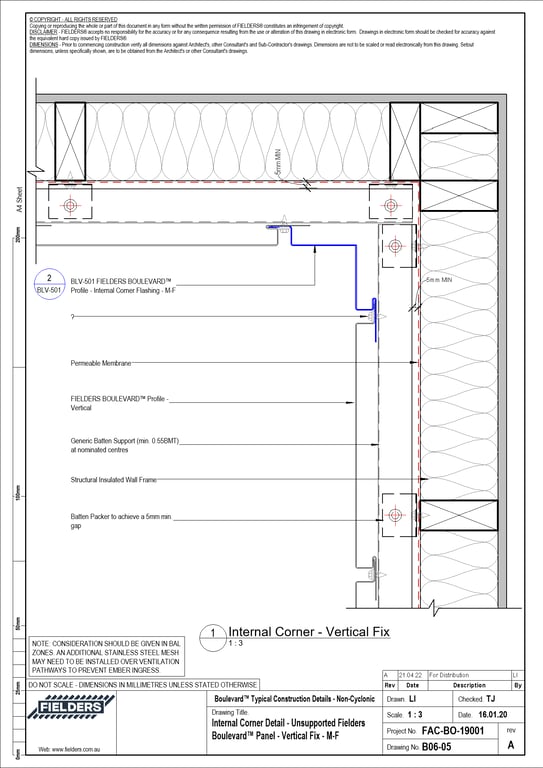  Image of B06-05 - Internal Corner Detail - Unsupported Fielders Boulevard™ Panel - Vertical Fix - M-F