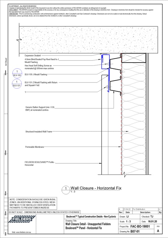 Navigate to B07-01 - Wall Closure Detail - Unsupported Fielders Boulevard™ Panel - Horizontal Fix