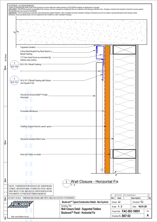 Navigate to B07-02 - Wall Closure Detail - Supported Fielders Boulevard™ Panel - Horizontal Fix