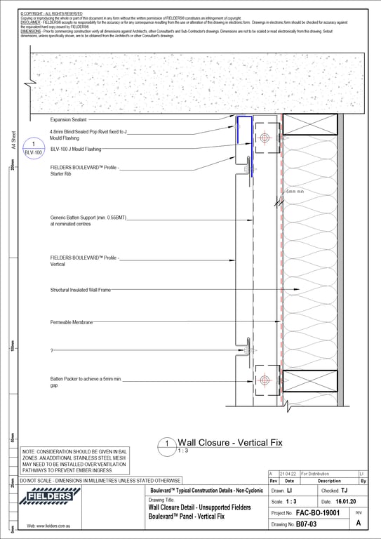  Image of B07-03 - Wall Closure Detail - Unsupported Fielders Boulevard™ Panel - Vertical Fix