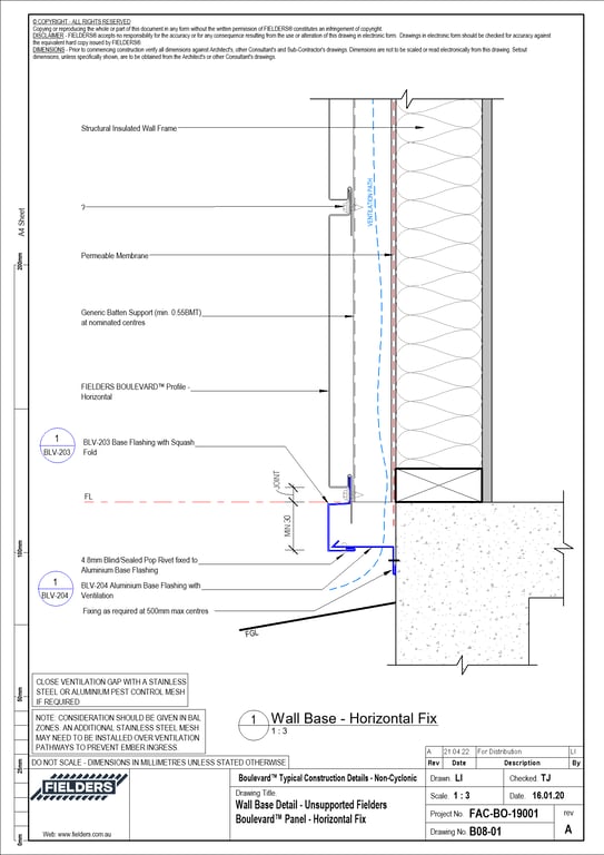 B08-01 - Wall Base Detail - Unsupported Fielders Boulevard™ Panel - Horizontal Fix