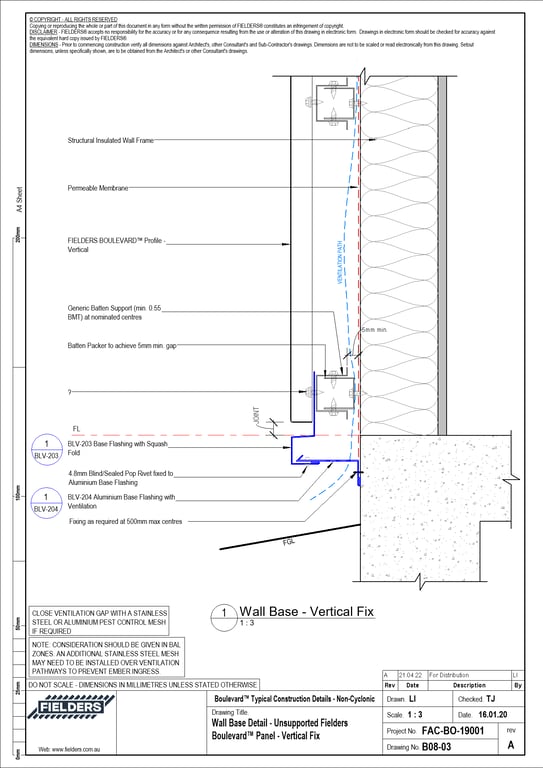 Navigate to B08-03 - Wall Base Detail - Unsupported Fielders Boulevard™ Panel - Vertical Fix
