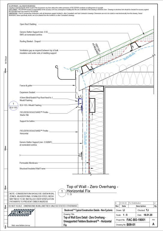 B09-01 - Top of Wall Eave Detail - Zero Overhang - Unsupported Fielders Boulevard™ - Horizontal Fix