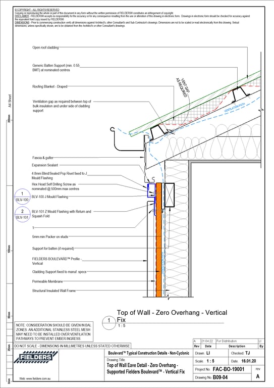 Navigate to B09-04 - Top of Wall Eave Detail - Zero Overhang - Supported Fielders Boulevard™ - Vertical Fix