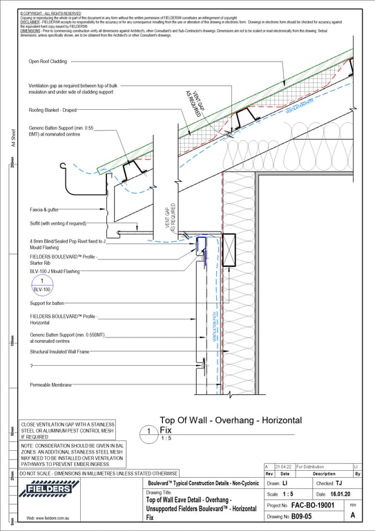 Navigate to B09-05 - Top of Wall Eave Detail - Overhang - Unsupported Fielders Boulevard™ - Horizontal Fix