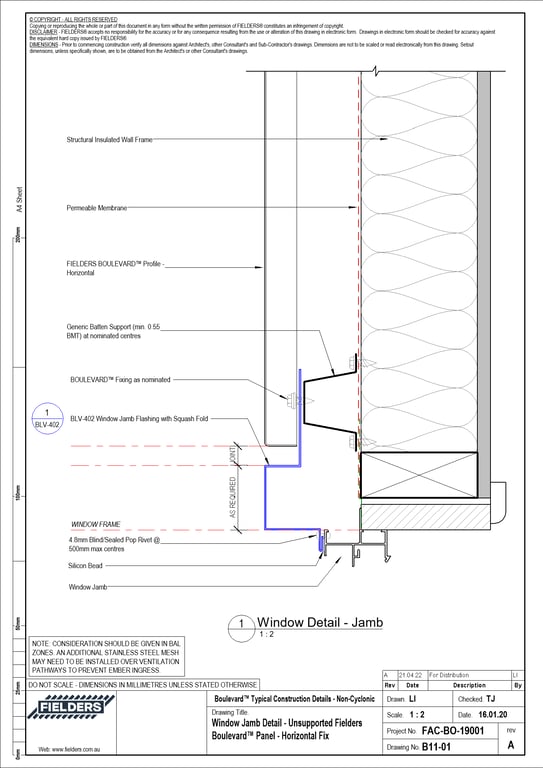 Navigate to B11-01 - Window Jamb Detail - Unsupported Fielders Boulevard™ Panel - Horizontal Fix