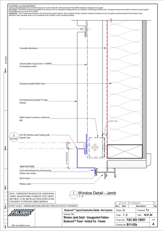  Image of B11-03b - Window Jamb Detail - Unsupported Fielders Boulevard™ Panel - Vertical Fix - Female