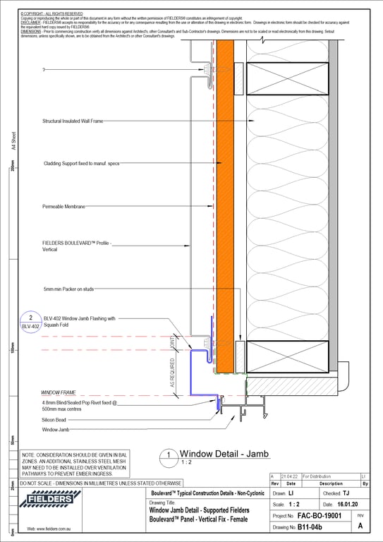  Image of B11-04b - Window Jamb Detail - Supported Fielders Boulevard™ Panel - Vertical Fix - Female